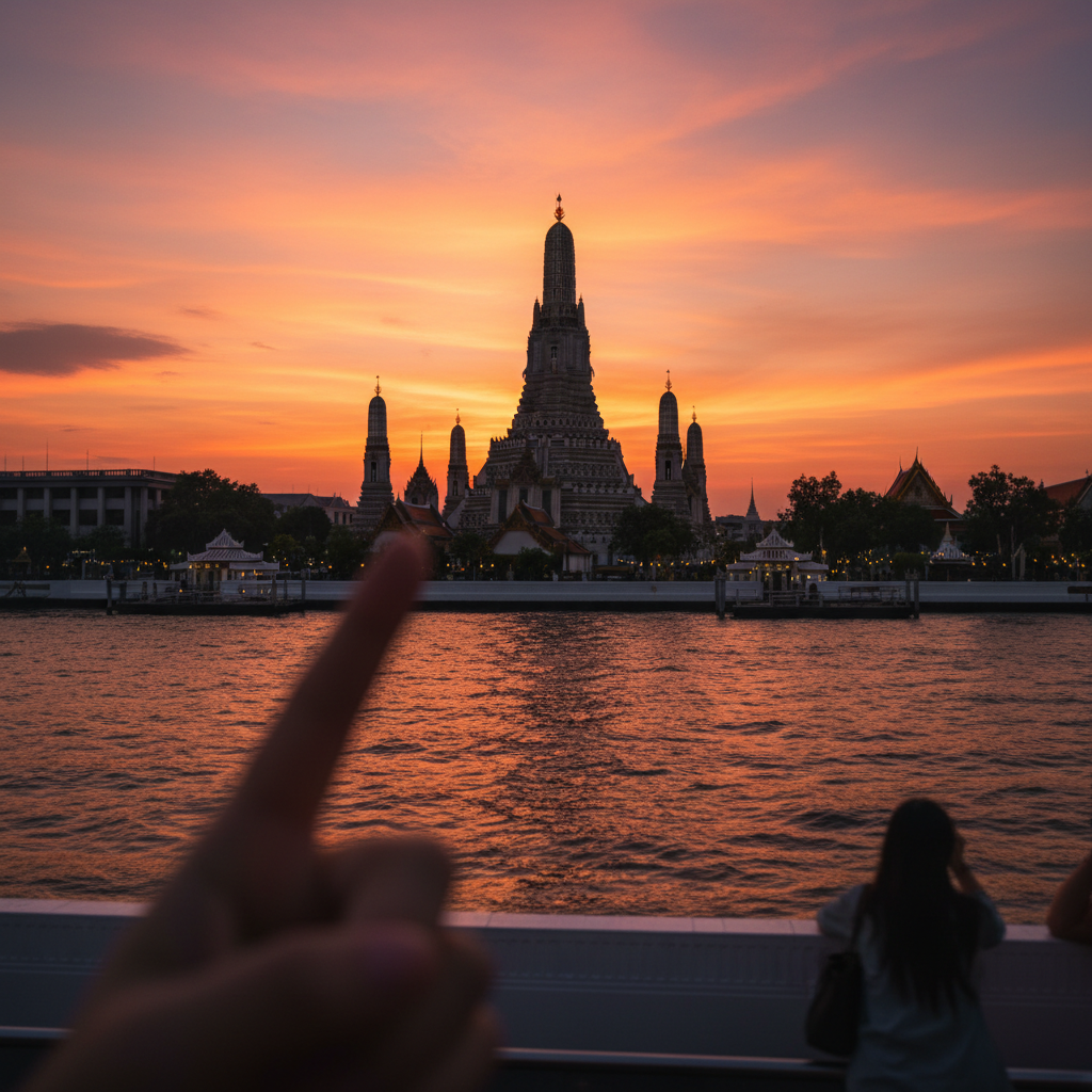 해질녘 노을을 배경으로 서 있는 왓 아룬의 실루엣