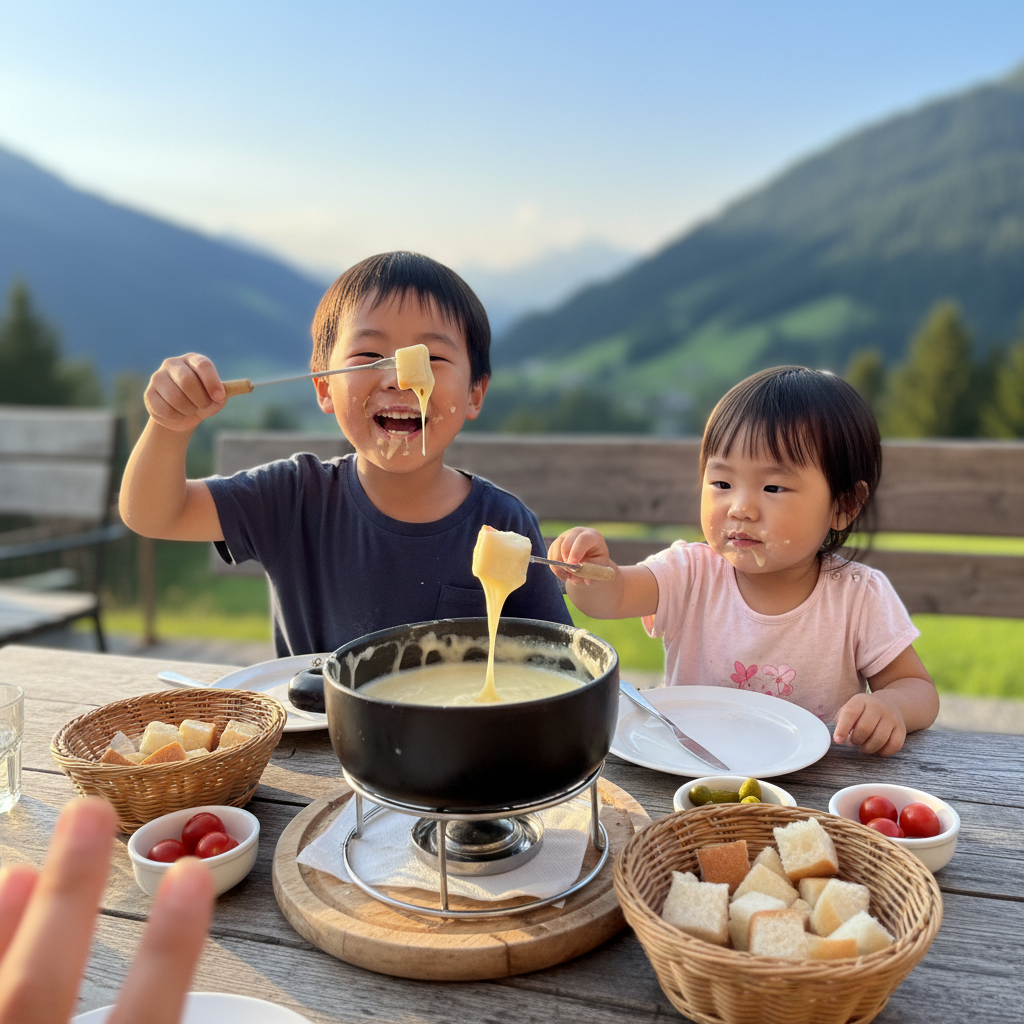 퐁듀를 맛있게 먹고 있는 아이들
