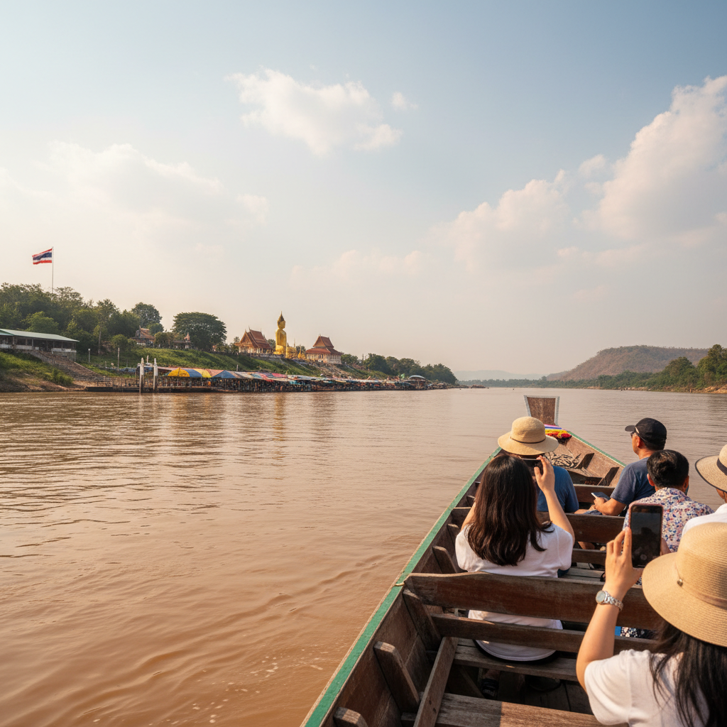 메콩강 위 보트에서 바라본 골든 트라이앵글 삼국의 국경