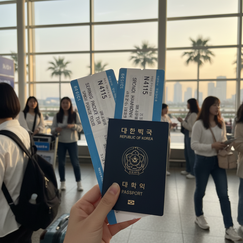 공항에서 출발 전 설레는 마음으로 찍은 비행기 티켓과 여권