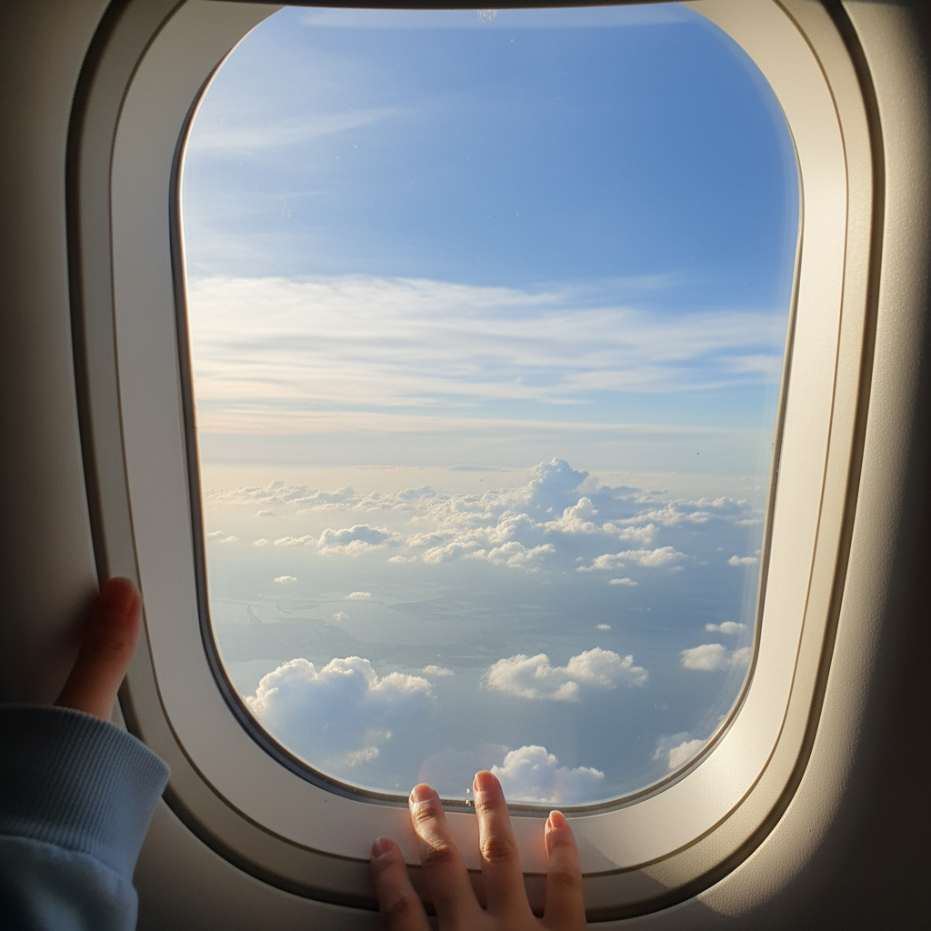 비행기 창밖으로 보이는 푸른 하늘과 흰 구름