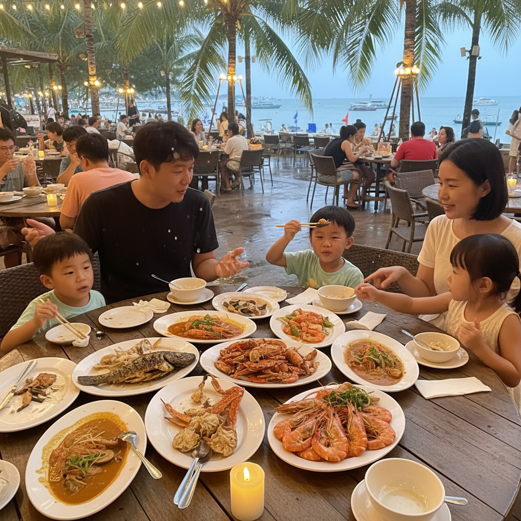 맛있는 타이 씨푸드를 즐기는 가족의 저녁 식사
