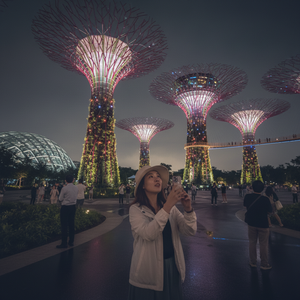 밤하늘 아래 화려한 조명으로 빛나는 가든스 바이 더 베이의 슈퍼트리 그로브