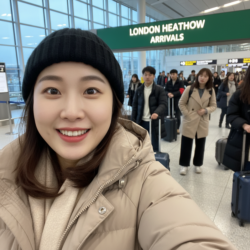 런던 히드로 공항에 막 도착해 설렘 가득한 표정으로 찍은 셀카