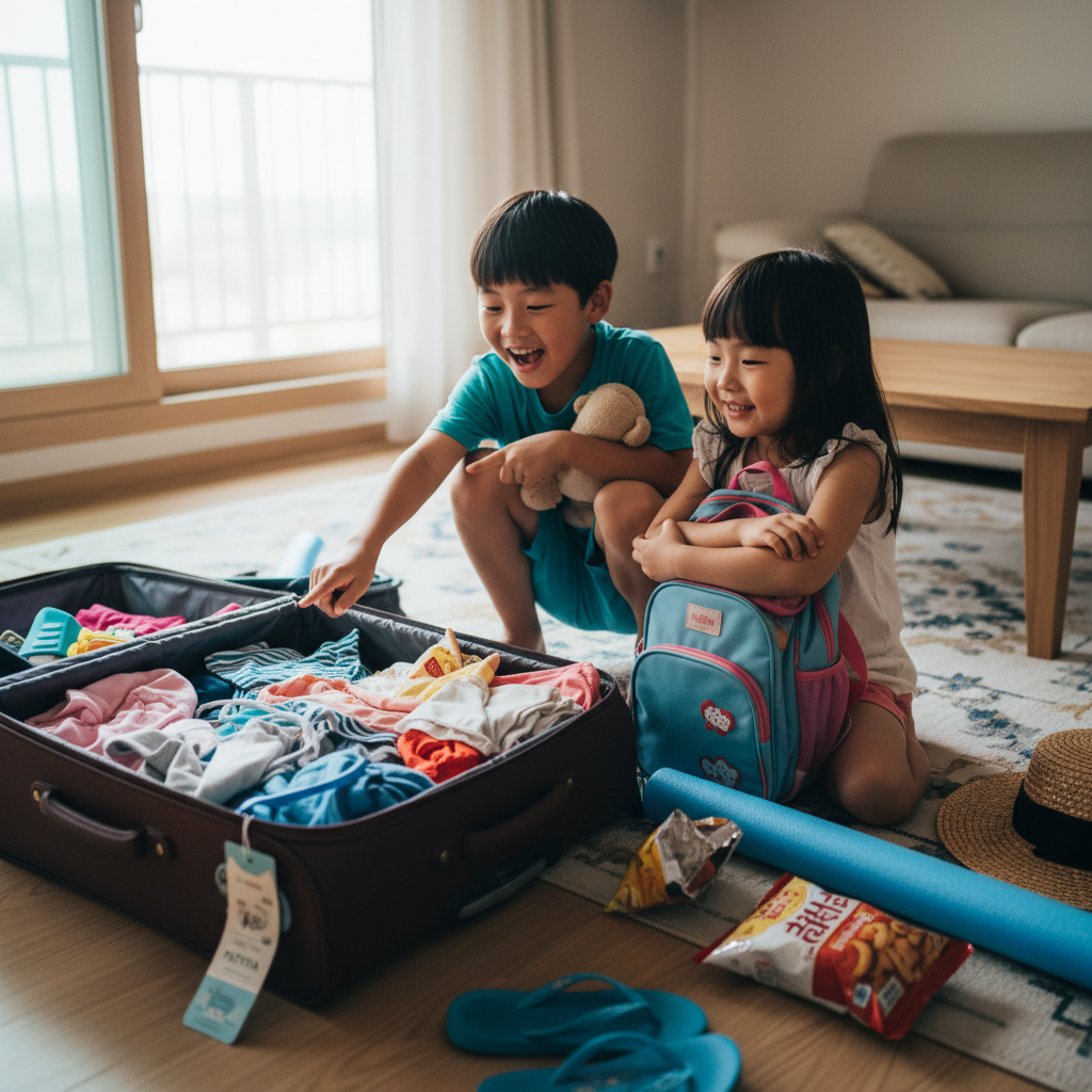 출발 전날, 신나서 짐가방 옆을 떠나지 못하는 아이들