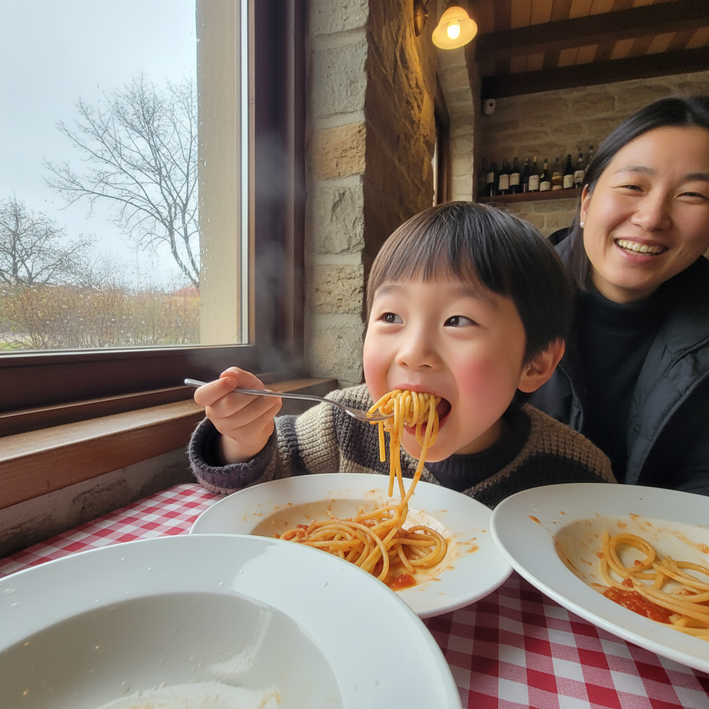 레스토랑에서 포크를 들고 파스타를 맛있게 먹는 아이