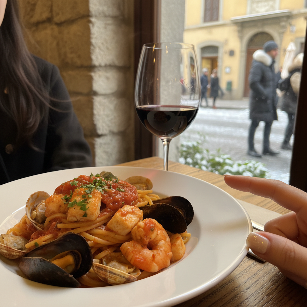 먹음직스러운 이탈리아 해산물 파스타와 와인 한 잔