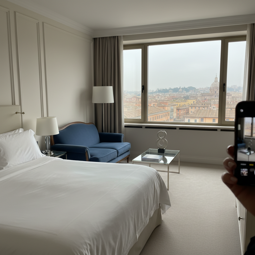 킹사이즈 침대와 벨벳 소파, 로마 시내가 보이는 창문이 있는 호텔 스위트룸