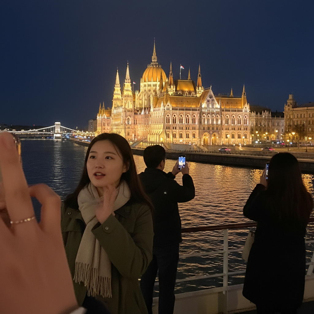 다뉴브 강 유람선에서 바라본 황금빛으로 빛나는 헝가리 국회의사당 야경
