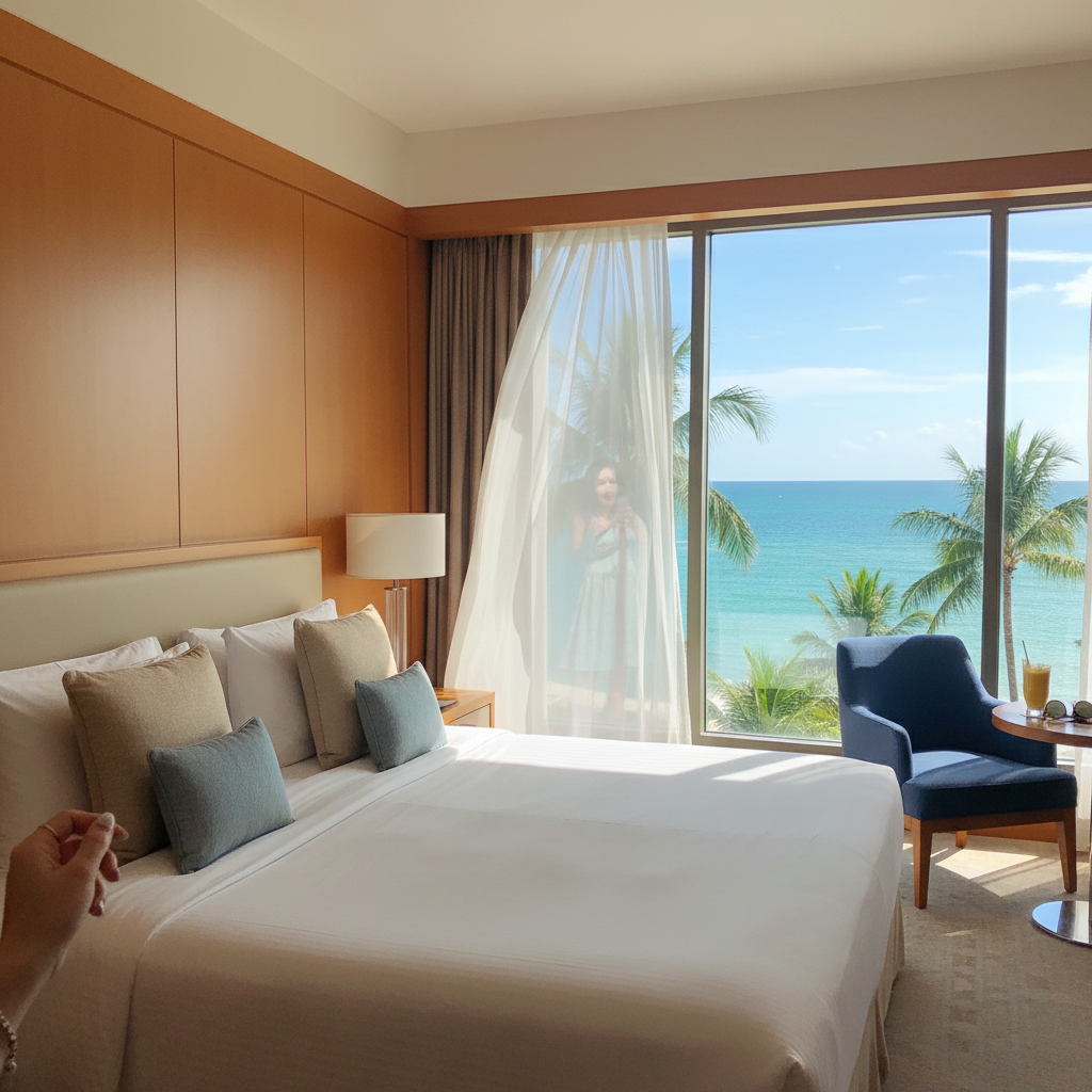 넓은 통창으로 햇살이 쏟아지는 고급스러운 호텔 객실