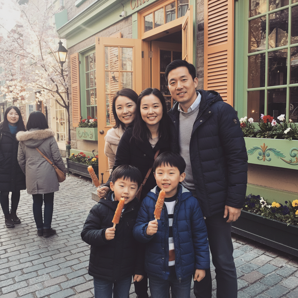 퀘벡 쁘띠 샹플랭 거리의 아기자기한 상점 앞에서 찍은 가족 사진