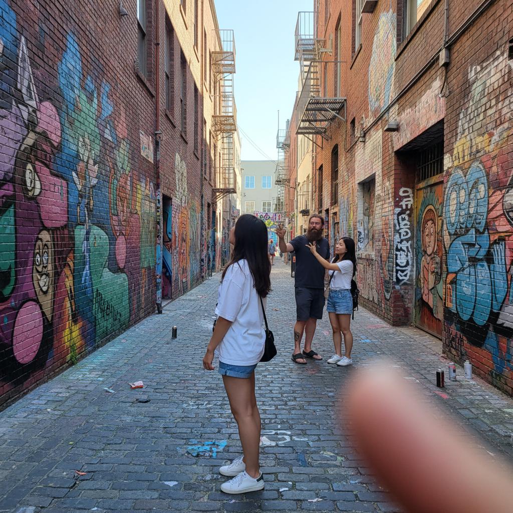 화려한 그래피티로 가득 찬 샌프란시스코의 클라리온 앨리 골목 전경