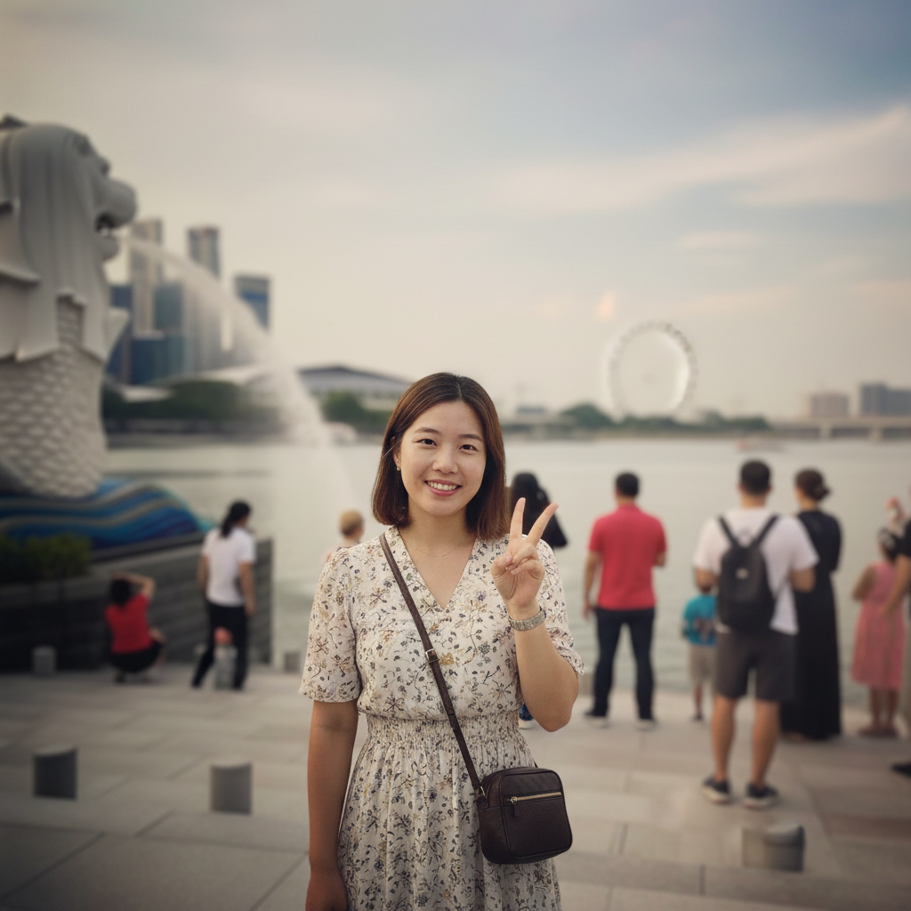 머라이언 공원에서 머라이언 상과 함께 찍은 기념사진