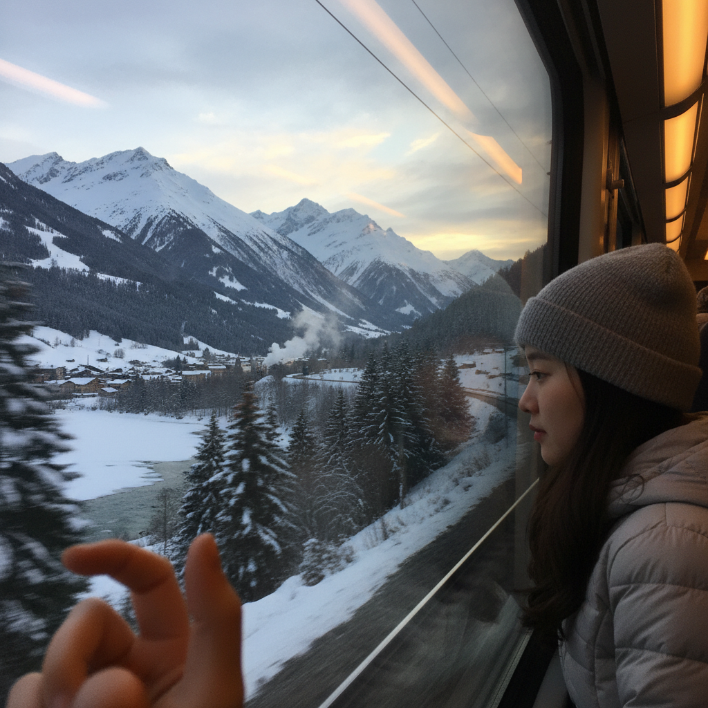 알프스 설산을 배경으로 기차 창밖을 바라보는 모습