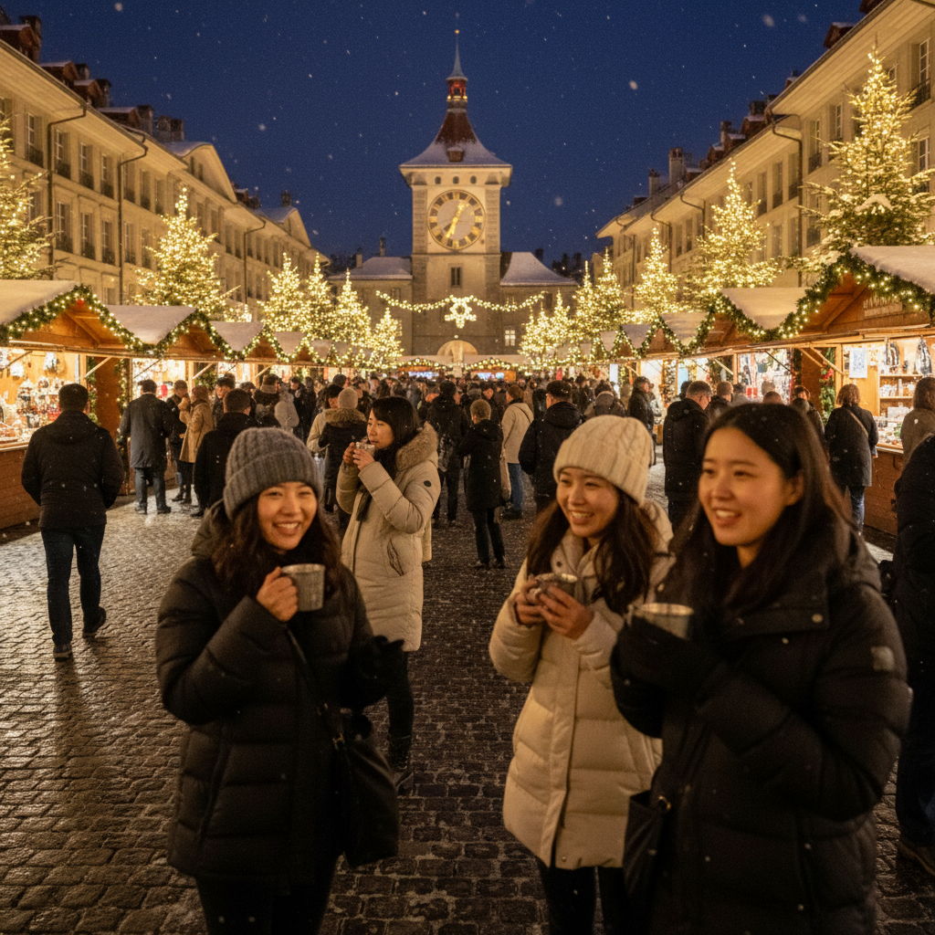 밤에 조명이 켜진 베른의 크리스마스 마켓 전경