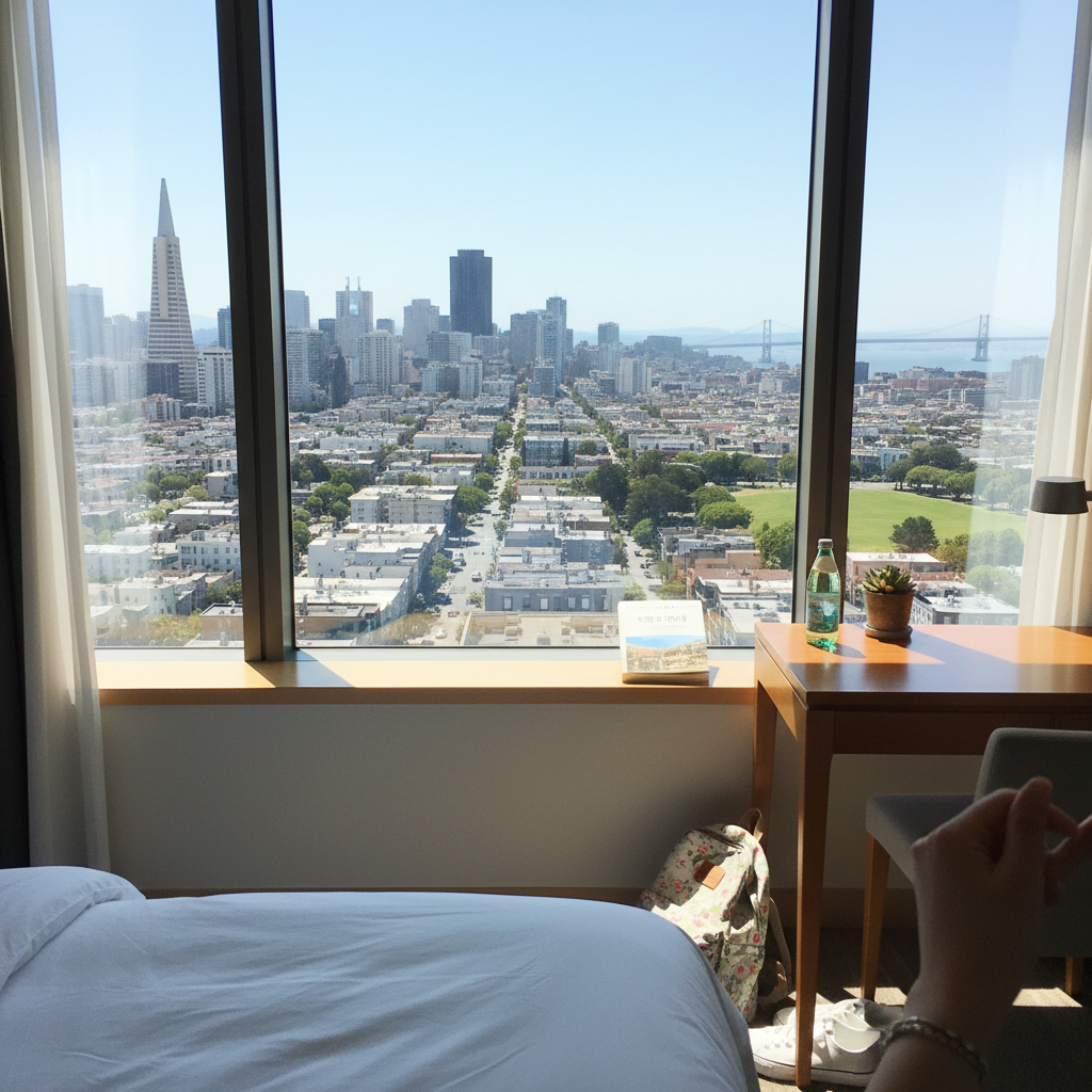 샌프란시스코 시내가 내다보이는 깔끔한 호텔 방 창가