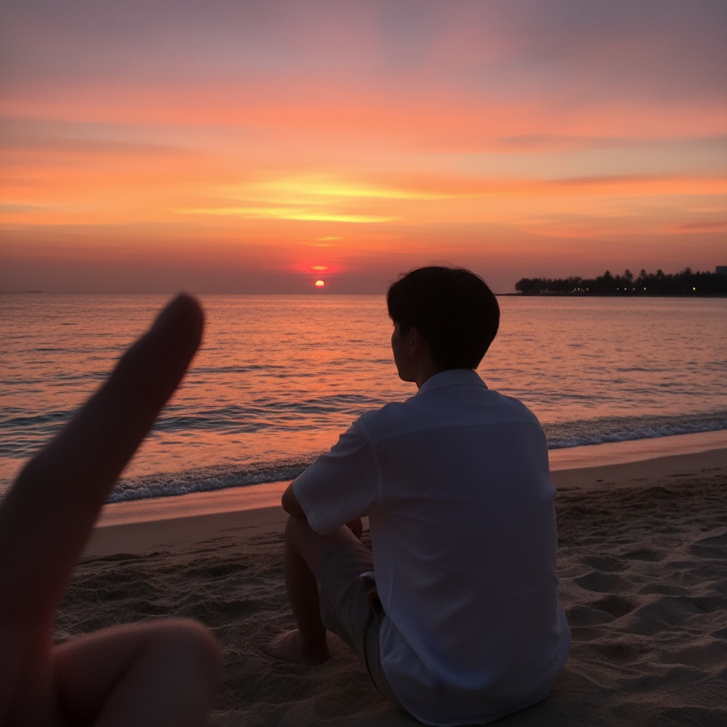 해변에 앉아 조용히 붉게 물드는 파타야의 일몰을 바라보는 예준의 뒷모습