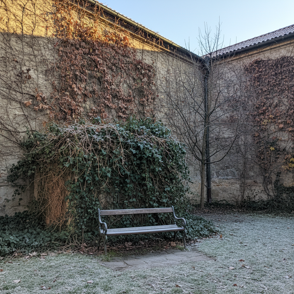 담쟁이덩굴로 뒤덮인 낡은 벤치가 있는 프라하의 숨겨진 뜰