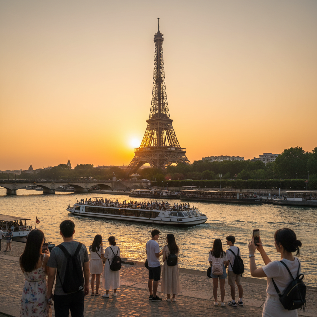 해질녘 낭만적인 파리 에펠탑과 센강의 풍경