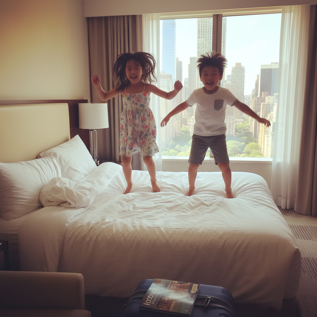 호텔 침대에서 신나게 점프하는 아이들