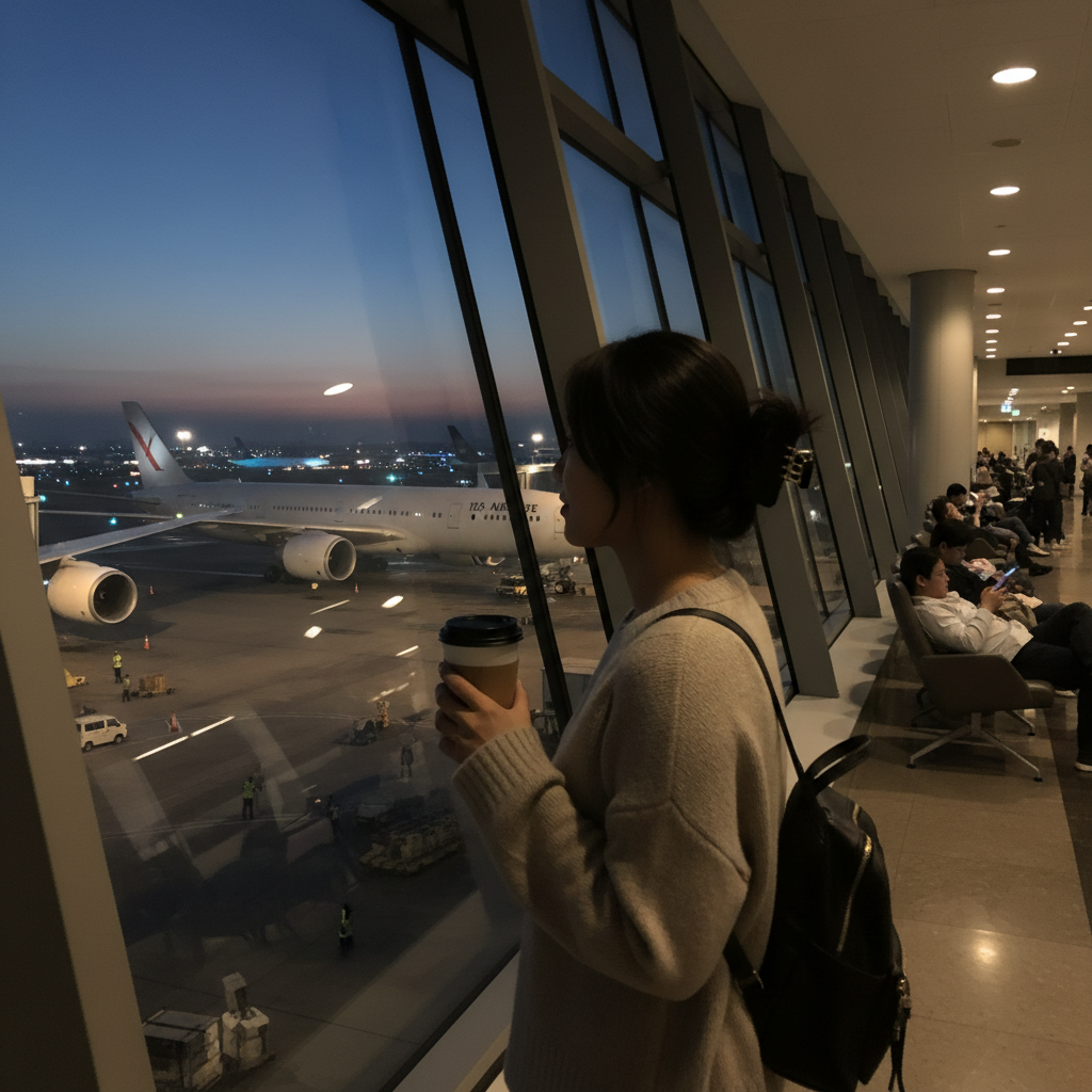 어둑한 새벽녘, 공항 출발 라운지에서 커피 한 잔을 들고 비행기를 바라보는 모습