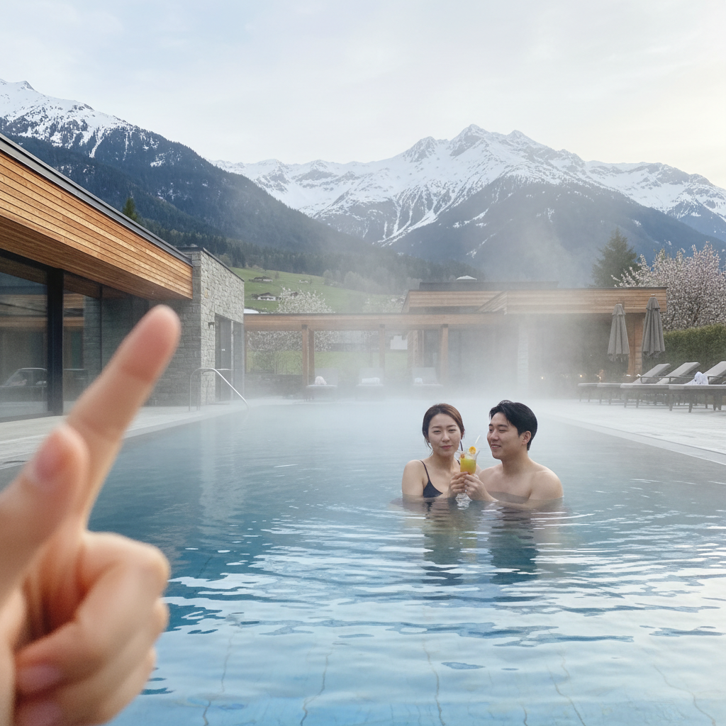 알프스 설경을 바라보는 호텔 야외 온수풀