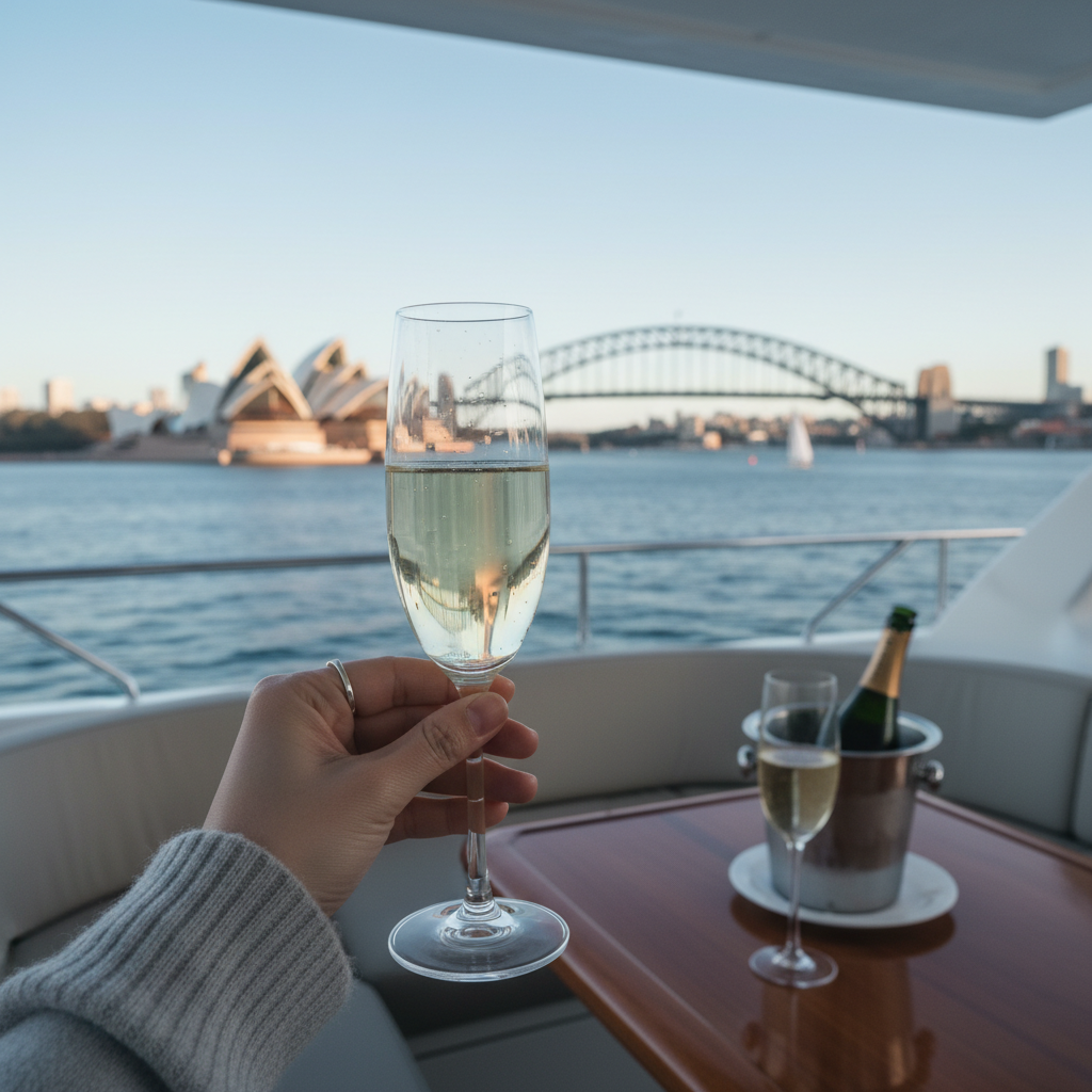 프라이빗 요트 위에서 샴페인을 즐기는 모습, 배경으로 시드니 항구