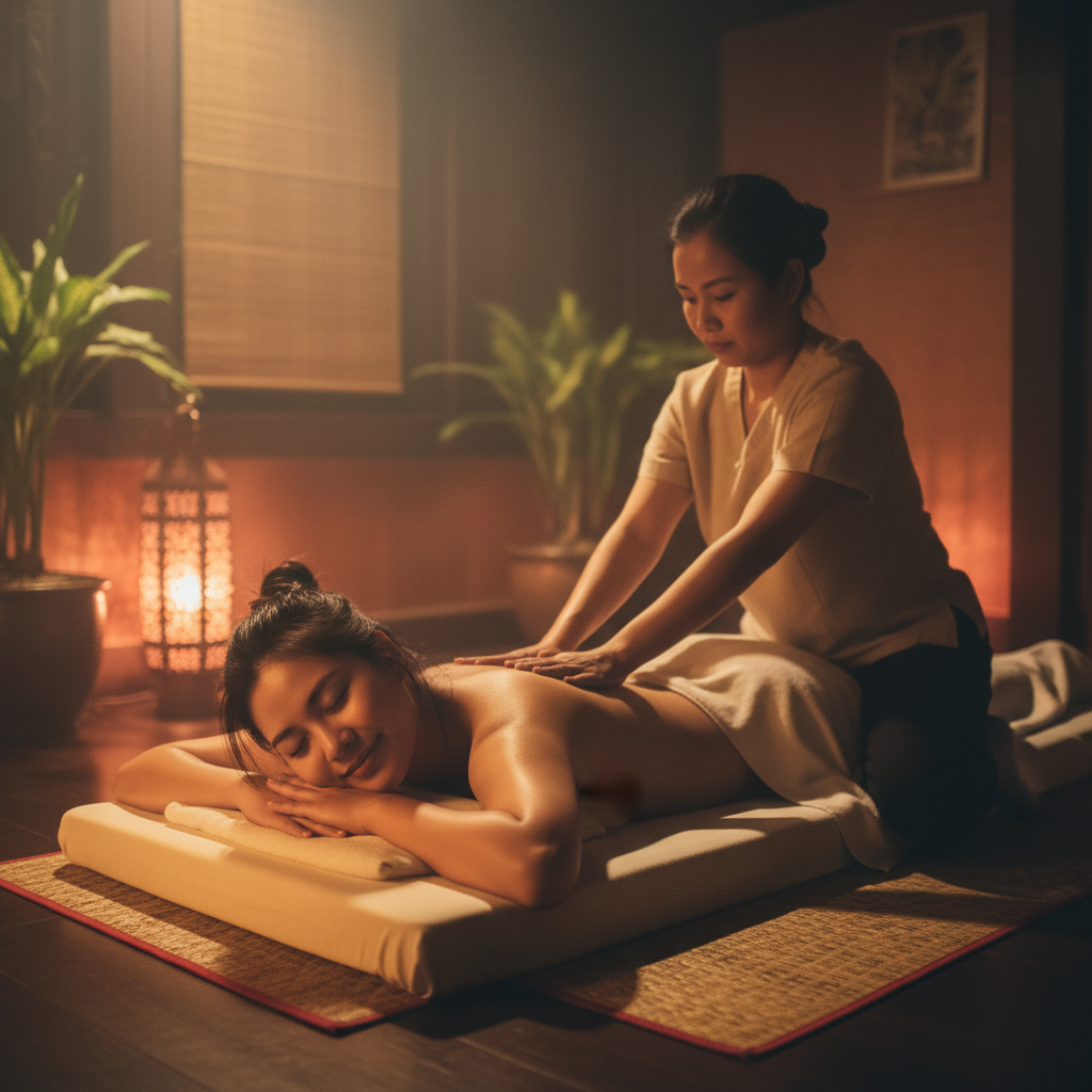 은은한 조명 아래 편안하게 누워 타이 마사지를 받는 모습