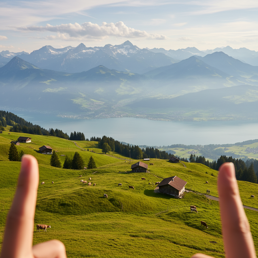 스위스 리기산 정상에서 내려다본 푸른 초원과 알프스 산맥의 절경