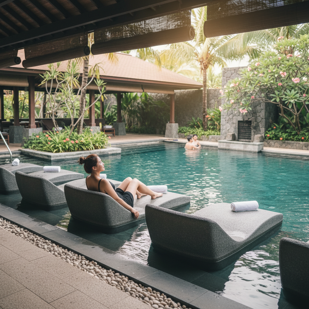 고요하고 평화로운 분위기의 호텔 스파 풀