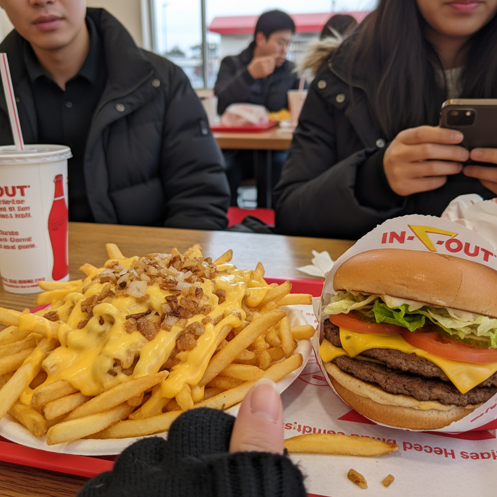 치즈와 소스가 듬뿍 올라간 인앤아웃 버거의 '애니멀 스타일' 프라이와 더블더블 버거 세트