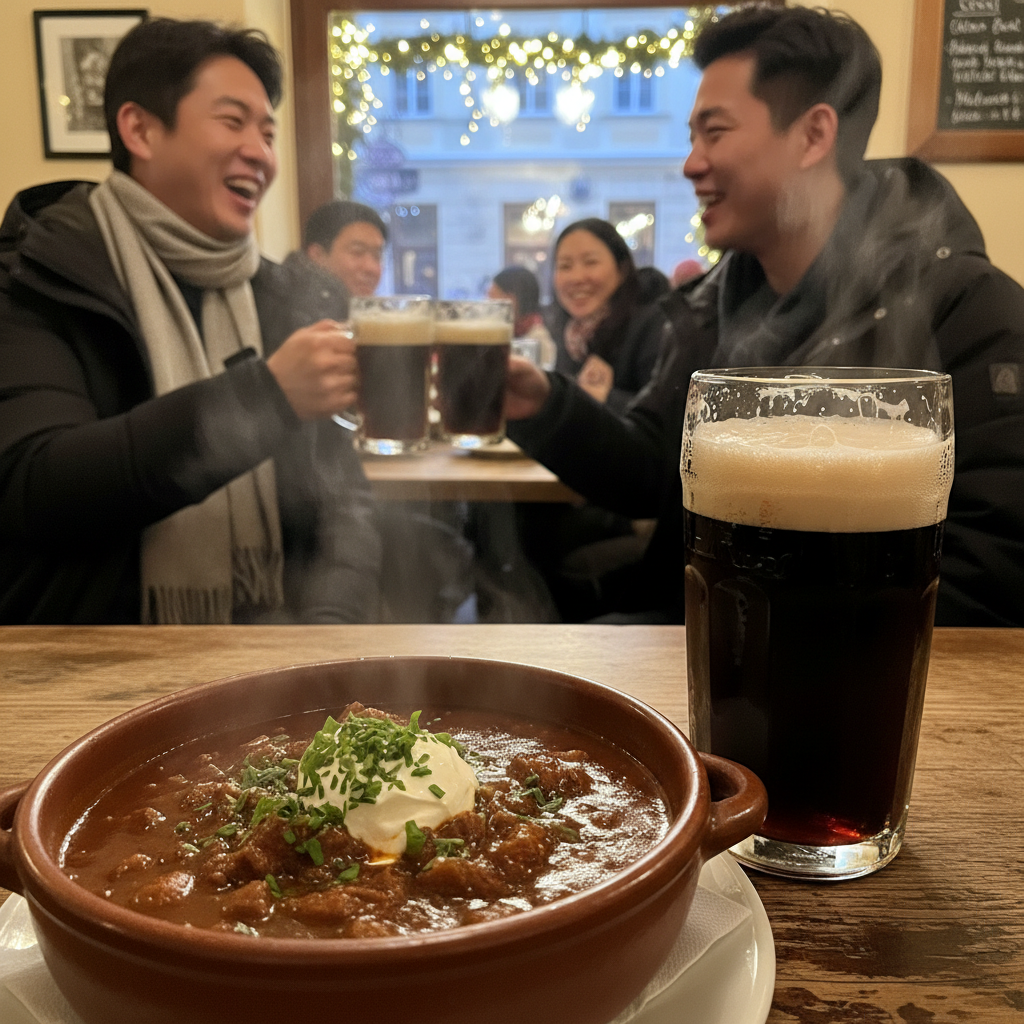 김이 모락모락 나는 체코식 굴라시와 흑맥주 한 잔