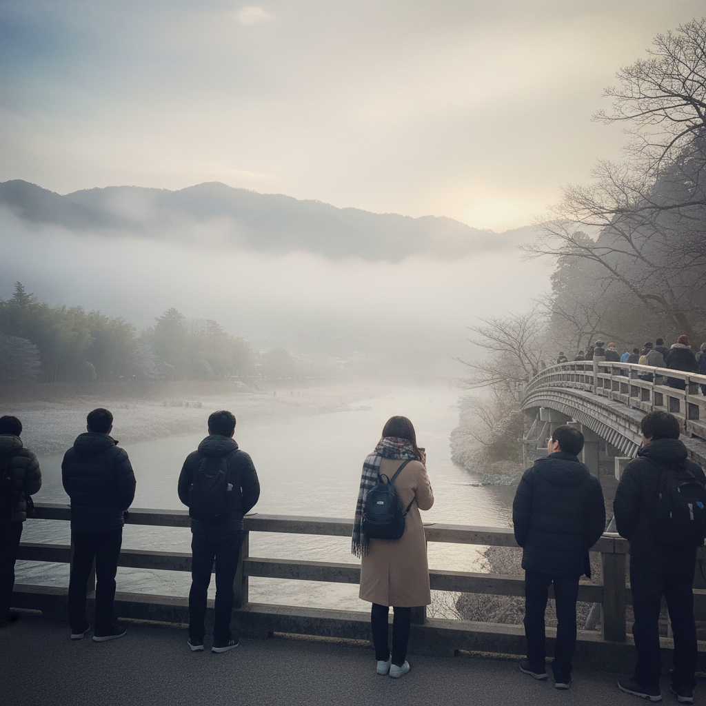 물안개 낀 아라시야마 도게츠교의 아침 풍경