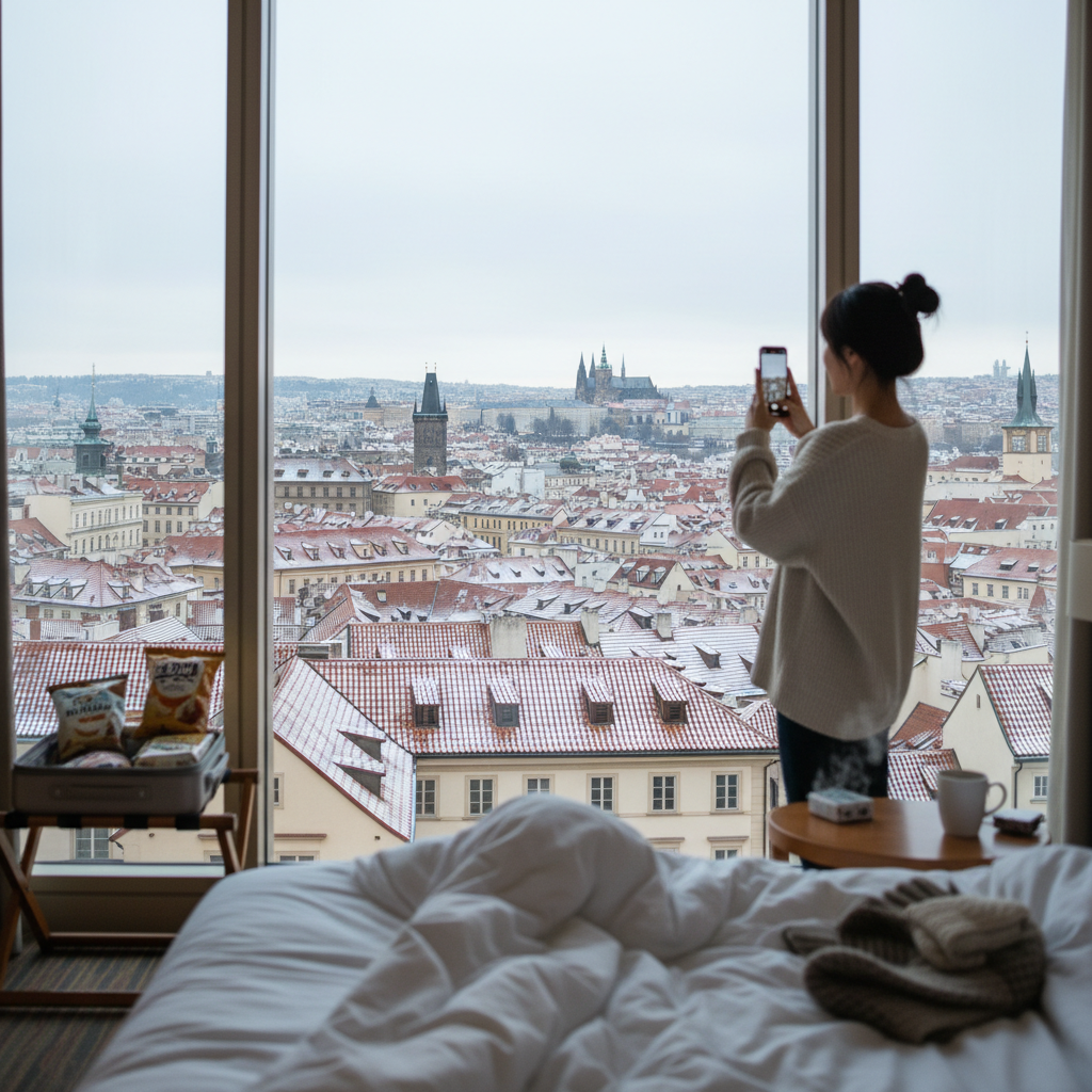 창밖으로 프라하의 붉은 지붕들이 보이는 호텔 방
