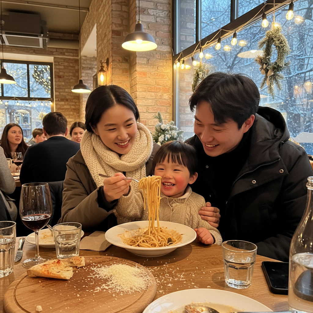 레스토랑에서 포크를 들고 파스타를 맛있게 먹고 있는 아이와 가족