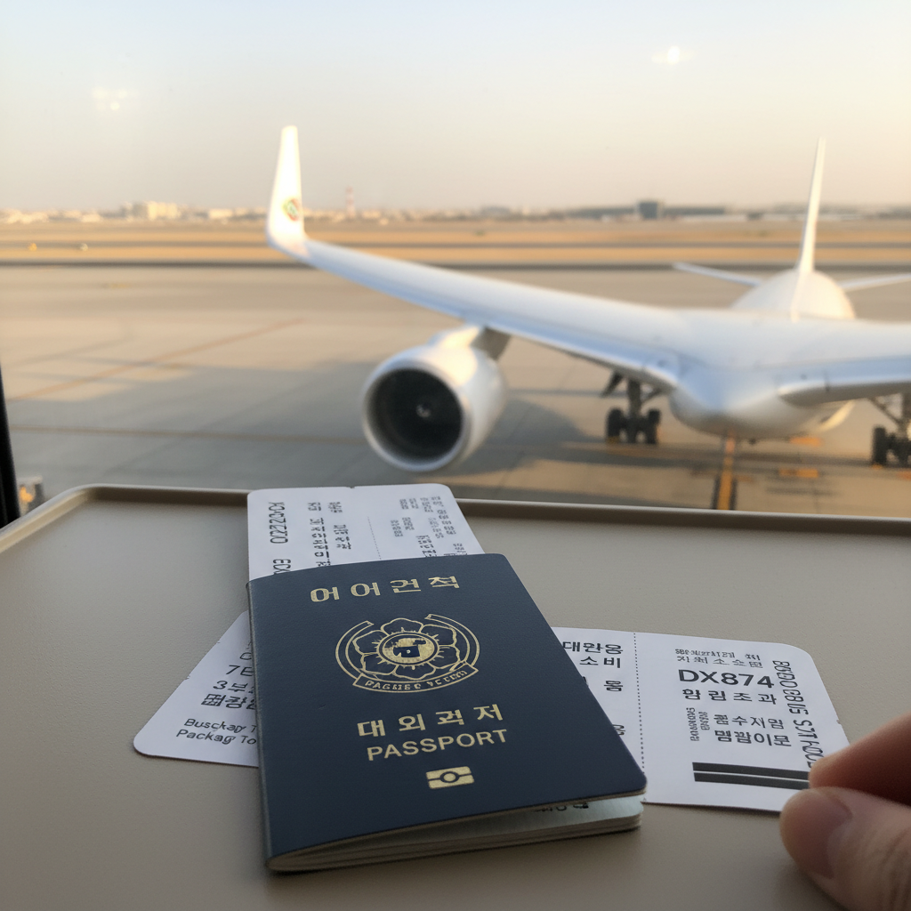 활주로를 배경으로 비행기 날개와 여권, 항공권이 놓여 있는 사진
