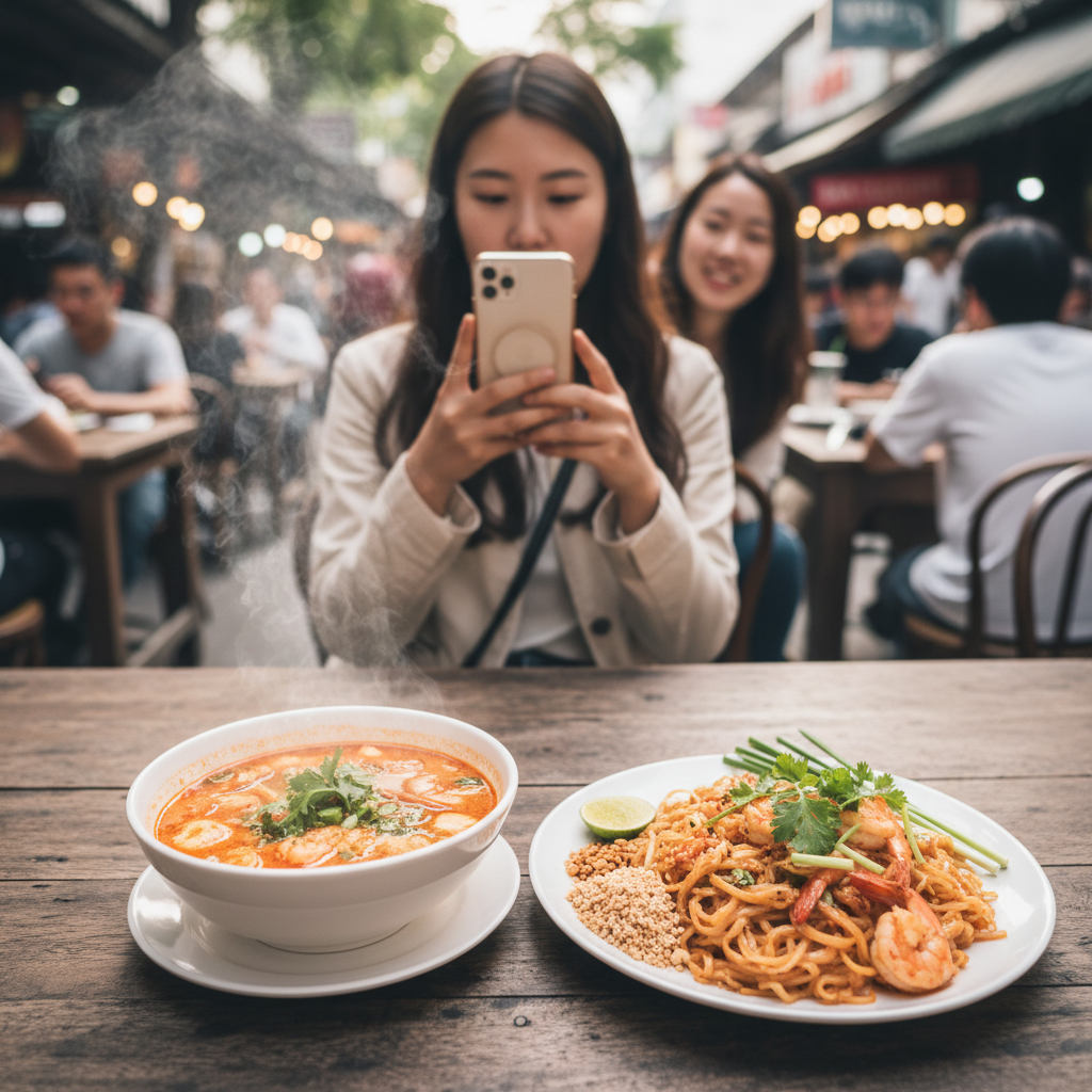 김이 모락모락 나는 똠얌꿍 한 그릇과 향긋한 고수가 올려진 파타이