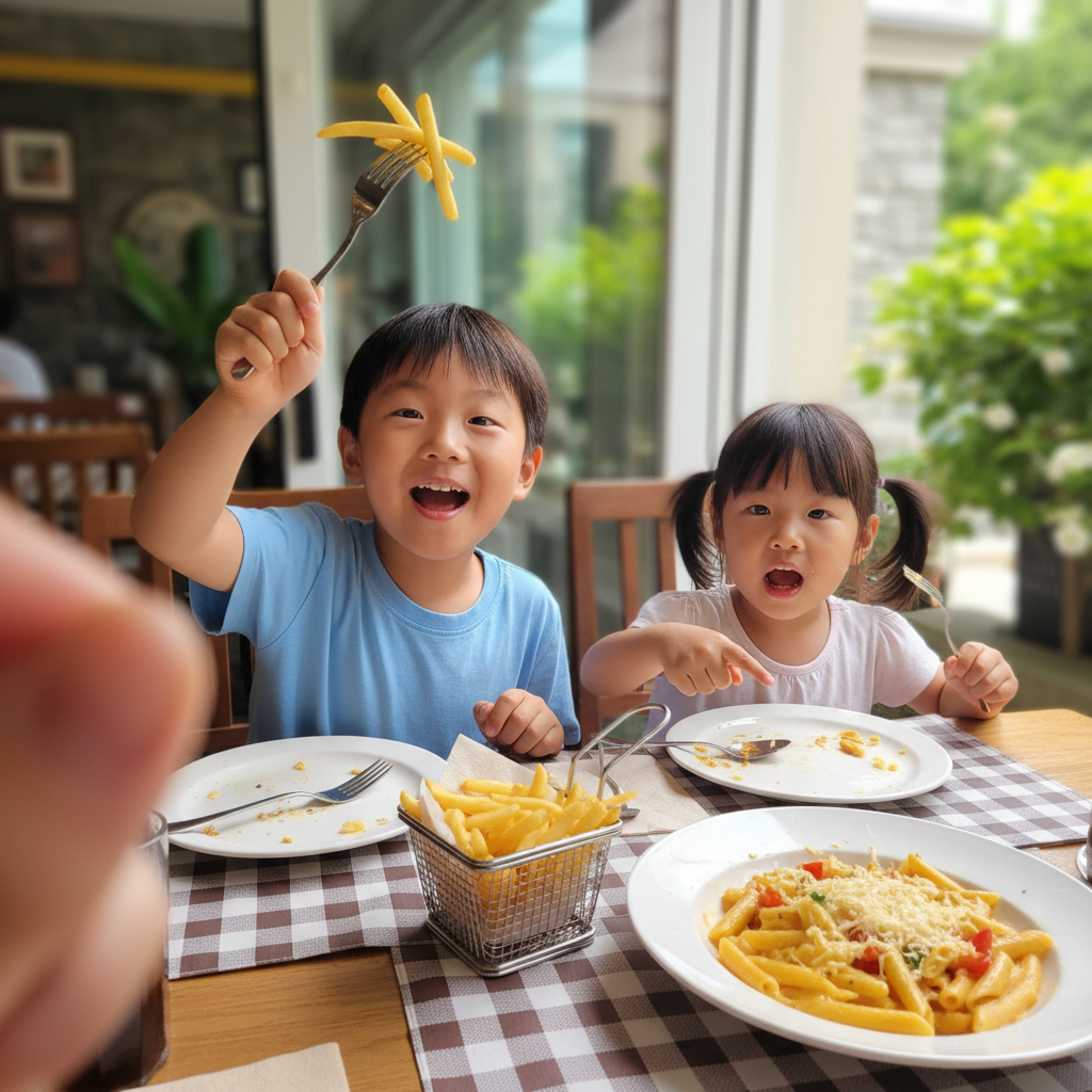 레스토랑에서 포크를 들고 즐겁게 식사하는 아이들