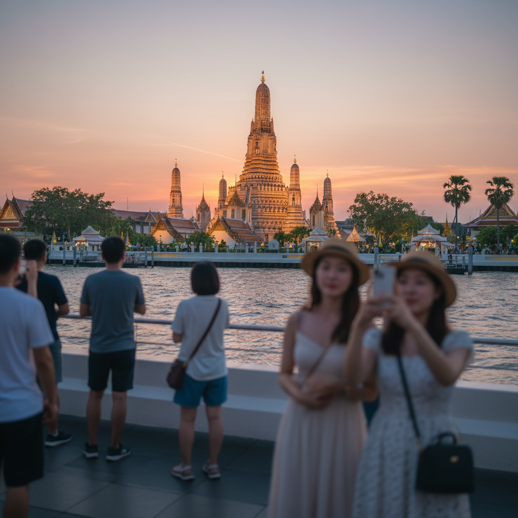 해질녘, 짜오프라야 강 너머로 황금빛으로 빛나는 새벽사원(왓아룬)의 모습