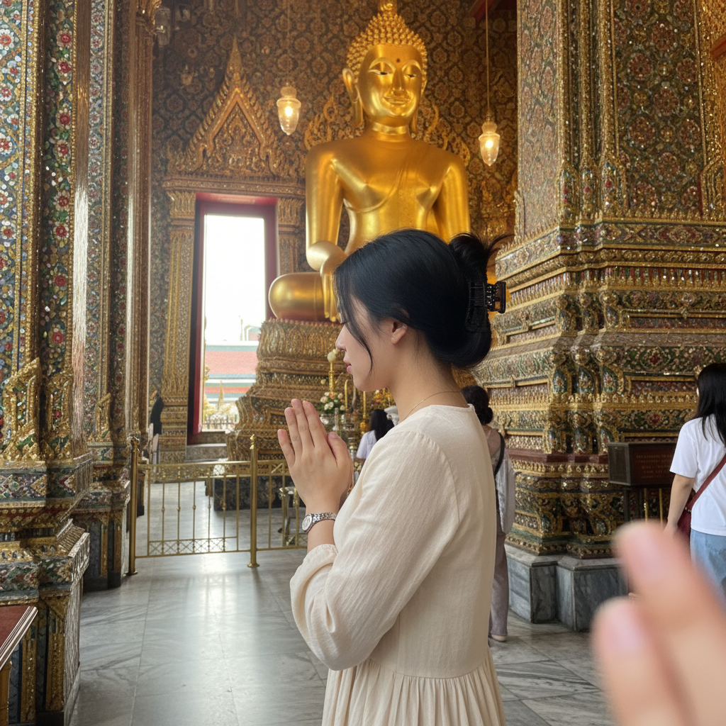 방콕의 한 사원에서 조용히 두 손 모아 기도하는 뒷모습, 배경으로 보이는 화려한 불상