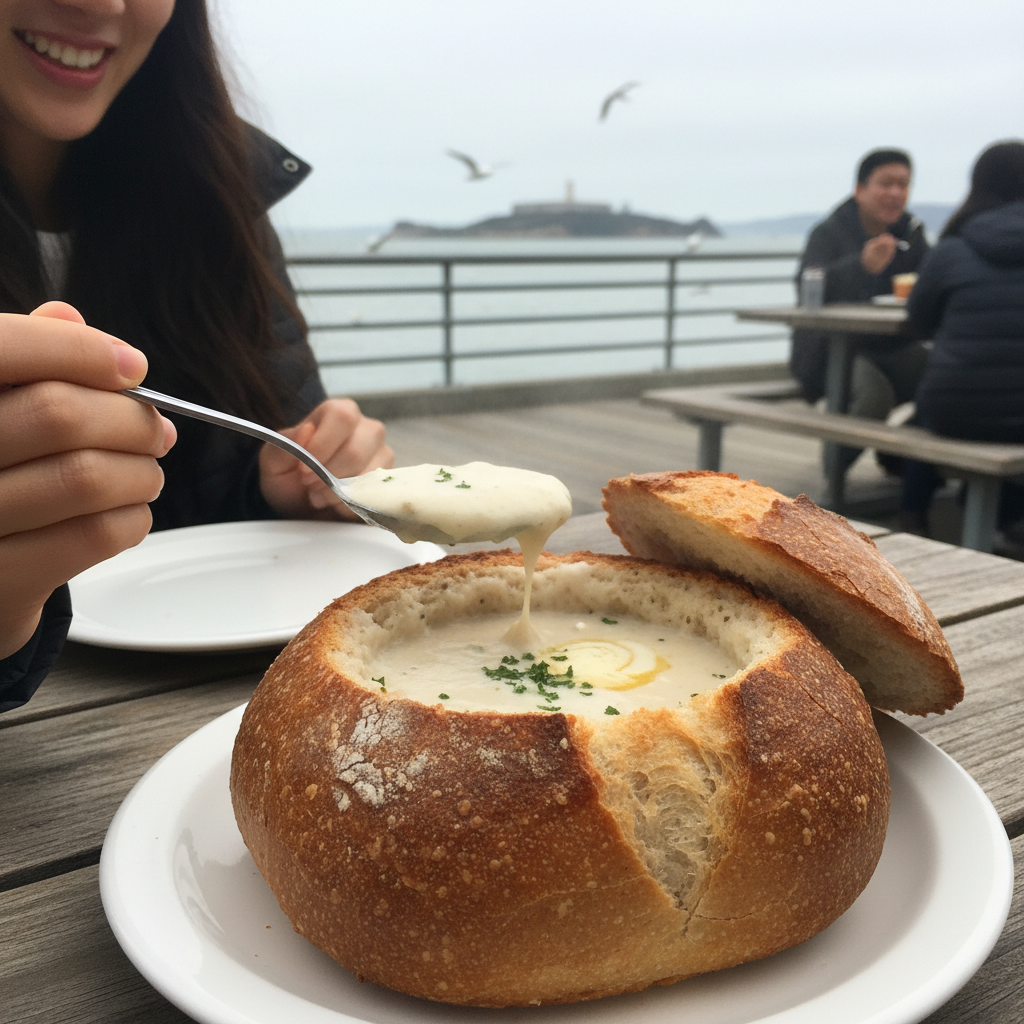 피셔맨스 워프의 명물, 속을 파낸 사워도우 브레드 볼에 담긴 크리미한 클램 차우더