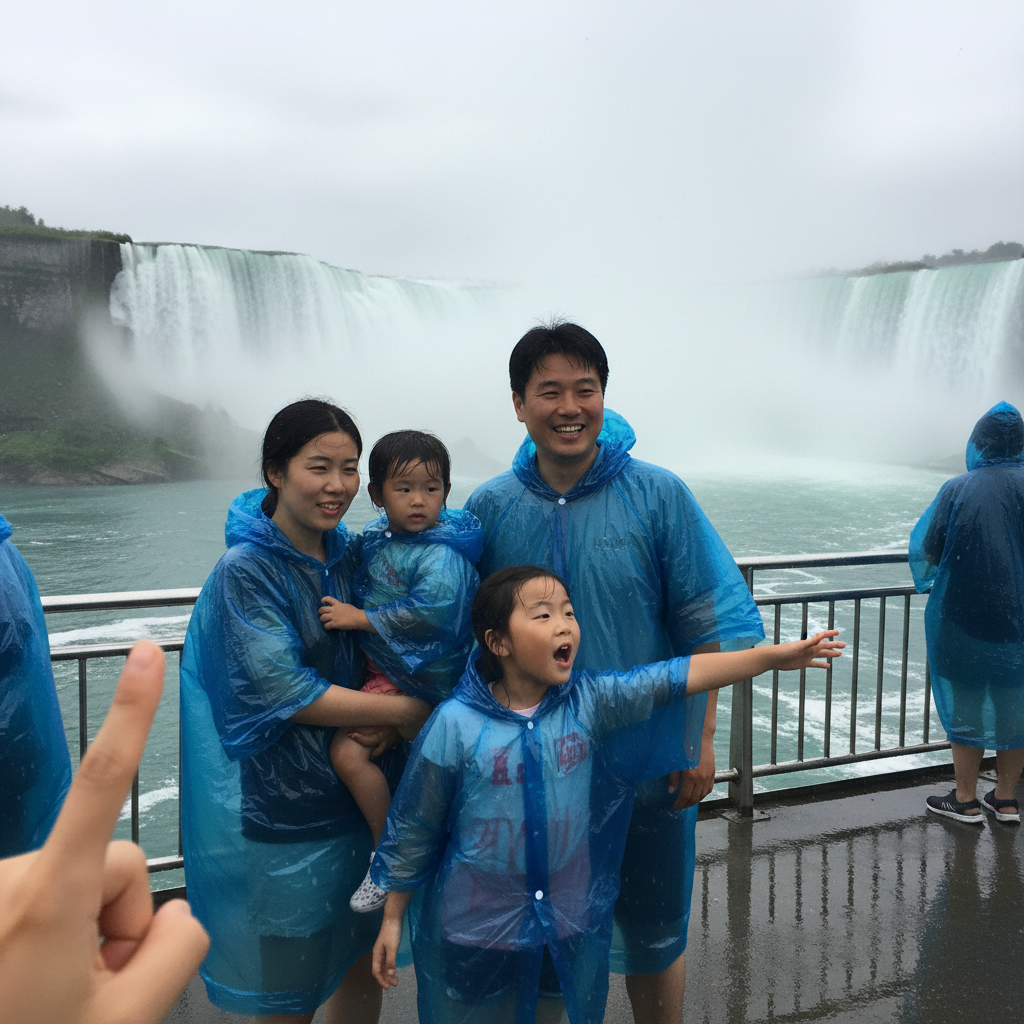 우비를 입고 나이아가라 폭포 유람선에서 신기한 표정으로 폭포를 바라보는 가족