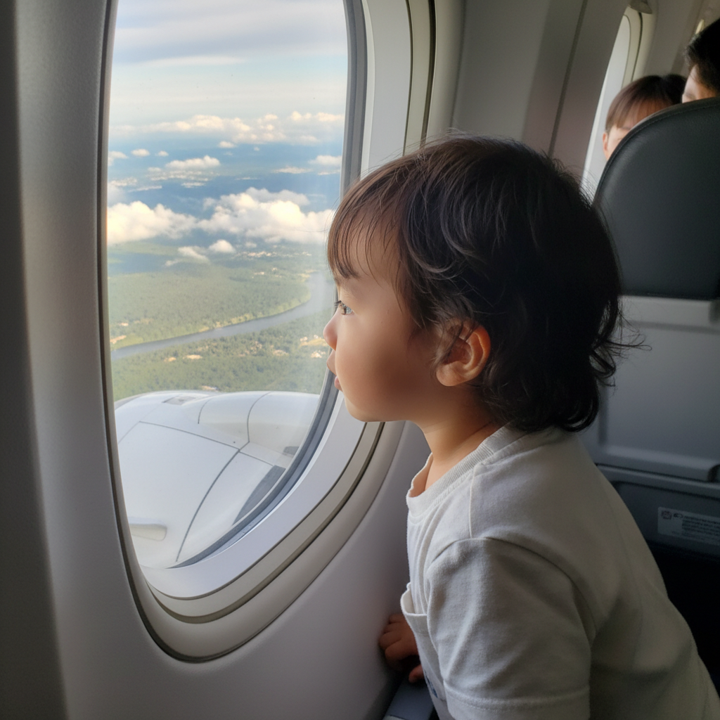 비행기 창밖을 신기하게 바라보는 아이의 옆모습