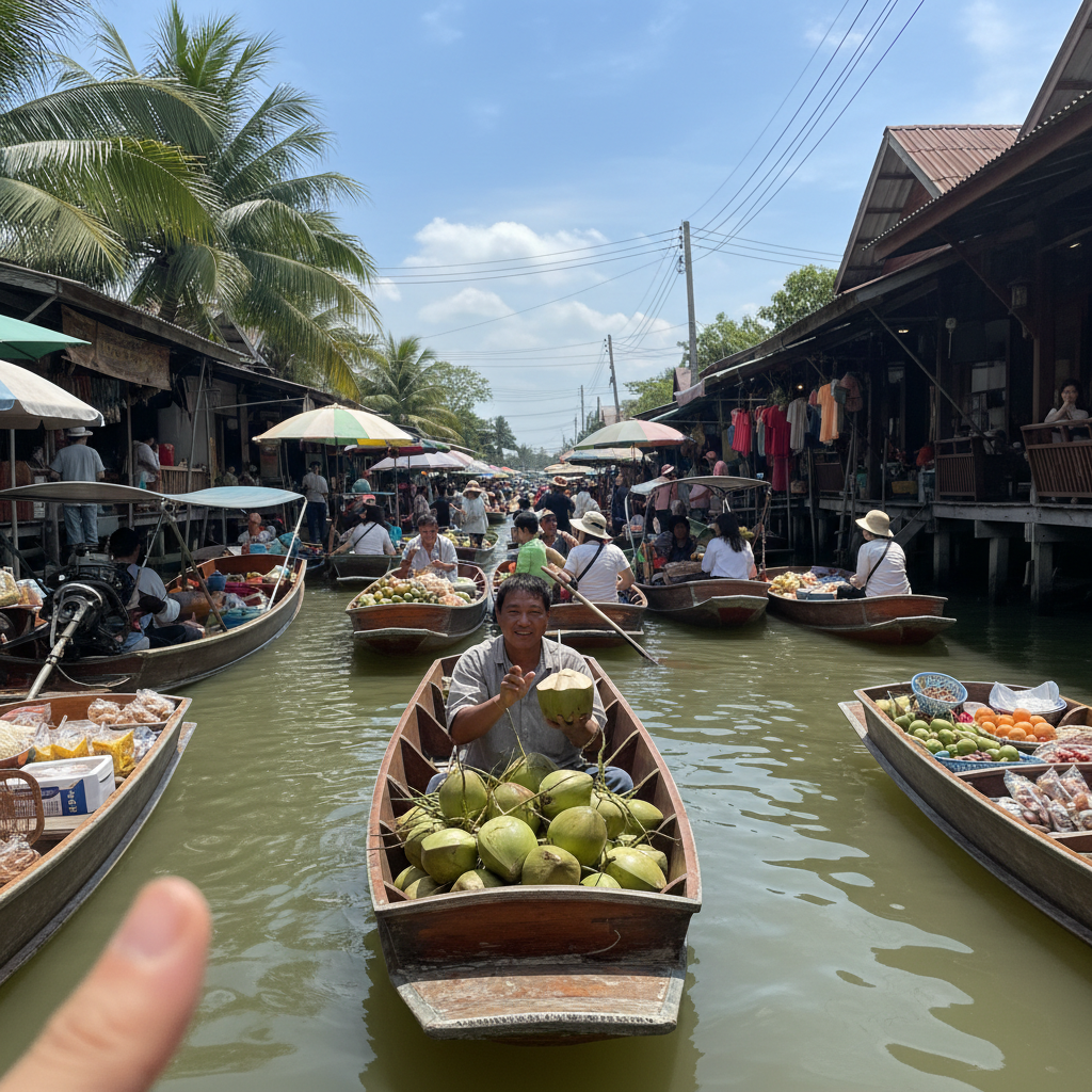 작은 배 위에서 코코넛 주스를 파는 현지 상인의 활기찬 모습이 담긴 플로팅마켓 풍경