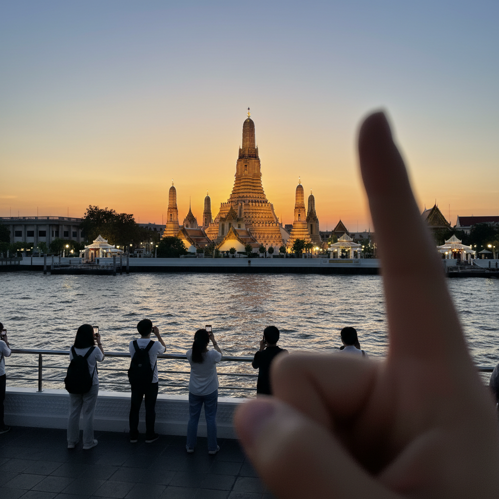 해 질 녘 차오프라야 강 건너편에서 바라본 왓 아룬의 황금빛 실루엣