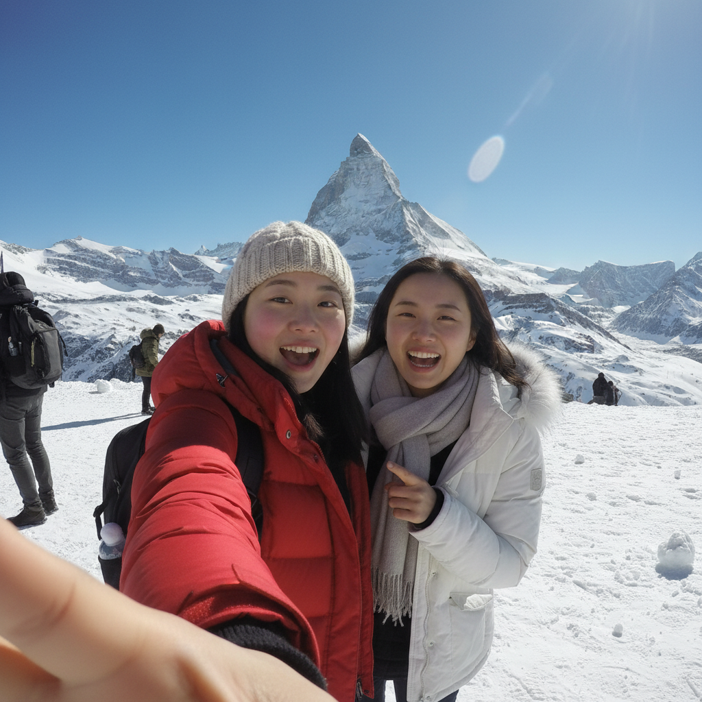고르너그라트 전망대에서 파란 하늘 아래 우뚝 솟은 마테호른을 배경으로 찍은 사진