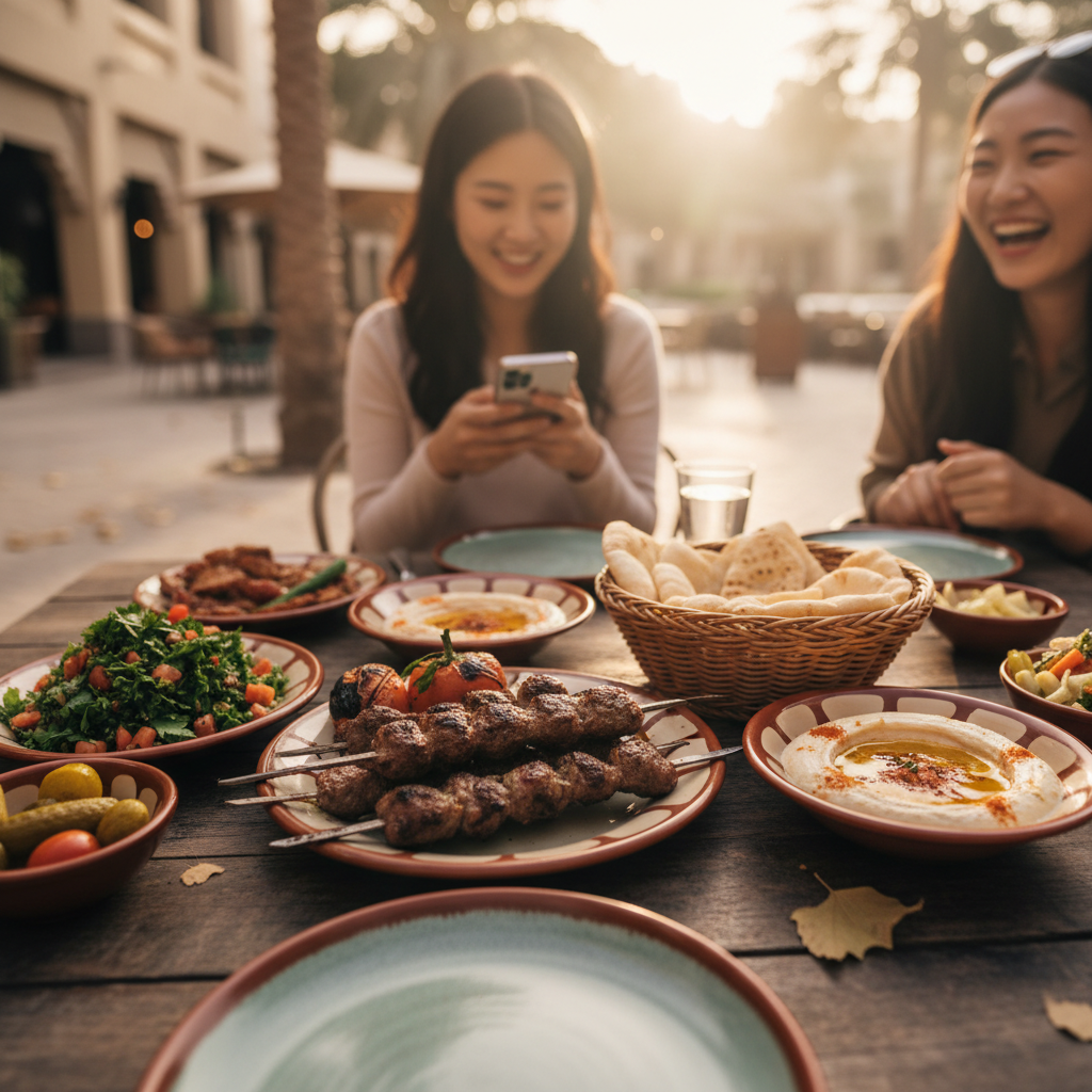 현지 식당에서 먹은 양고기 케밥과 허머스 등 아랍 전통 음식 사진