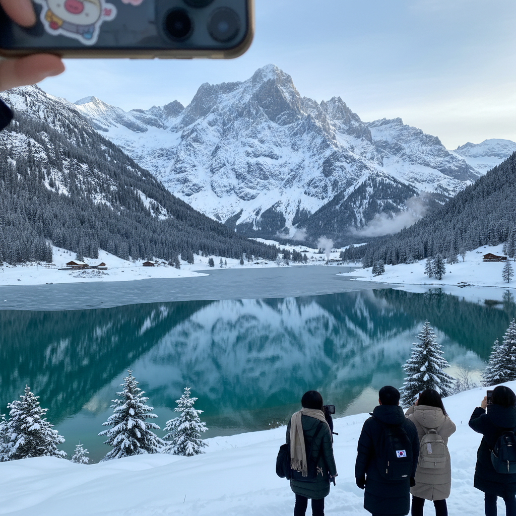 눈 덮인 알프스 산맥과 푸른 호수가 어우러진 스위스 대표 전경