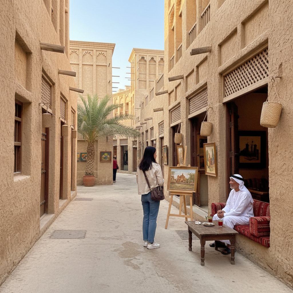 흙으로 만든 전통 가옥들이 늘어선 알 파히디 역사지구의 한적한 골목길