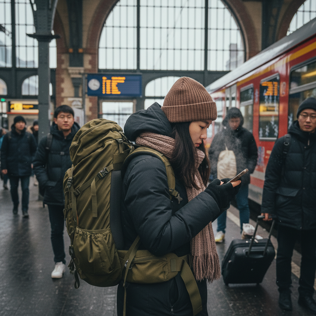 기차역에서 배낭을 멘 채 다음 목적지를 확인하는 모습
